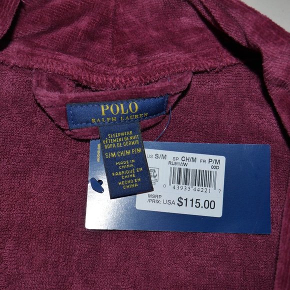 Polo Ralph Lauren Men's Terry Velour Robe Size S/M Classic Wine Big Pony Logo - Picture 6 of 6